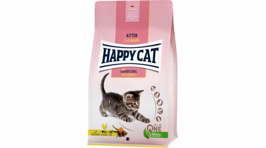 Happy Cat Kitten Farm Poultry, suché krmivo, pro koťata ve věku 2-6 měsíců, drůbež, 300 kg, pytel