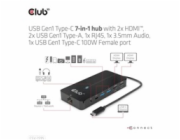 Club3D hub USB-C, 7-in-1 hub s 2x HDMI, 2x USB Gen1 Type-A, 1x RJ45, 1x 3.5mm audio, 1x USB Gen1 Type-C, 100W PD