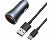 Nabíječka do auta Baseus Golden Contactor Pro, USB + USB-C, QC4.0+, PD, SCP, 40W (šedá) + kabel USB do USB-C 1m (černý)