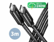 AXAGON BUCM2-CM30AB, CHARGE kabel USB-C <-> USB-C, 3m, Hi-Speed USB, PD 240W 5A, ALU, oplet, černý