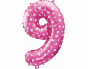 Fóliový balonek GoDan Number 9, růžový se srdíčky, 61 cm
