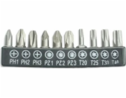 Sada bitů Dedra 10 kusů, 25mm: PH1/2/3, PZ1/2/3, T20/25/30/40 (18A07S10)