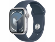 Chytré hodinky GPS Apple Watch Series 9, 41mm stříbrné hliníkové pouzdro s bouřkově modrým sportovním páskem - M/L
