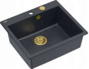 GraniteQ dřez MORGAN 110 GraniteQ černý diamantový dřez se sifonem Push To Open, zlatá barva, 1-miska čb + háčky 4 ks