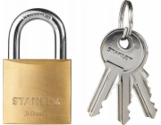 Visací zámek Stanley 30 mm, mosazný třmen, protiblokovací kolík x 3 zámky na vnější straně.