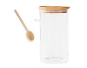 Dóza Pebbly, PKV-050, skleněná, čtvercová, na potraviny, 1,4 l, bambusové víko, odměrka 15 ml, 11 x 11 x 19 cm