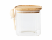 Dóza Pebbly, PKV-049, skleněná, čtvercová, na potraviny, 800 ml, bambusové víko, odměrka 5 ml, 11 x 11 x 11 cm