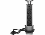 Orno  FS-17 trojitá nábytková zásuvka, výsuvná z pracovní desky, s USB nabíječkou a 1,8m kabelem 3x2P+Z inox