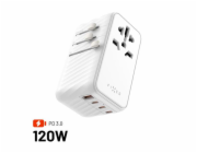 Adaptér FIXED Cestovní Voyager 120W pro EU, UK a USA/AUS, s 3xUSB-C a 1xUSB výstupem, GaN, PD 120W, bílý