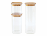 Sada dóz Pebbly, PKV-035, sada 3 ks, skleněná, čtverec, na jídlo, 0,8 ml, 1,4 a 2,2 l, bambusové víko