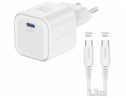 Swissten síťový adaptér gan 1x usb-c 35w power delivery bílý + datový kabel usb-c/usb-c 1,2 m bílý