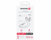 Swissten nabíjecí audio adaptértextile usb-c (samec) / usb-c (samice) a 3,5mm aux 0,12 m bílý