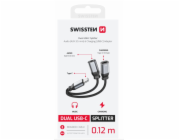 SWISSTEN NABÍJECÍ AUDIO ADAPTÉR TEXTILE USB-C (samec) / USB-C (samice) a 3,5mm AUX 0,12 M ČERNÝ