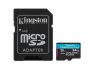 Kingston MicroSDXC karta 64GB Canvas Go! Plus, R:200/W:160MB/s, Class 10, UHS-I, U3, V30, A2 + Adaptér