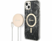 Guess nabíječka Guess pouzdro + sada bezdrátové nabíječky GUBPP14SHMEACSK Apple iPhone 14 černý / černý pevný obal Marble MagSafe