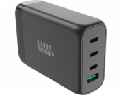 Stříbrná nabíječka Monkey Stříbrná nabíječka Monkey SMA151 GaN 130W 3xUSB-C PD USB-A QC 3.0 s odnímatelným napájecím kabelem – černá