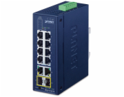 Planet IFGS-1222TF průmyslový L2 switch, 8x 10/100TX, 2x 1Gb, 2x 1Gb SFP, -40~75°C, 9-48VDC, IP30, fanless, RING