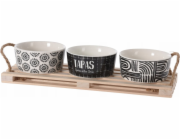 Excellent Houseware Sada na servírování svačin dřevěné prkénko a 3 porcelánové misky, O 10 cm