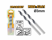 Ingco DBT1200034 Vrták do kovu HSS, sada 2ks, 3mm