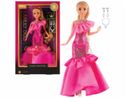 Módní panenka ve společenských šatech - tmavě růžové šaty