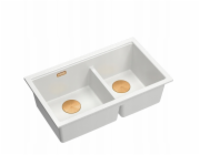 GraniteQ ČTVRÁK | LOGAN 120 | žulový kuchyňský dřez SNOW WHITE + MĚDĚNÝ PVD | rozměry: 76 x 45 x 23,5 cm | 2komorová vložka | výška dna skříňky od: 80 cm