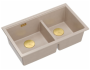 GraniteQ ČTVRÁK | LOGAN 120 | žulový kuchyňský dřez PEARL BEIGE + ZLATÉ PVD | rozměry: 76 x 45 x 23,5 cm | 2komorové zavěšené | výška dna skříňky od: 80 cm
