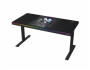 LORGAR stůl s volitelnou výškou, vestavěnou skříní pro PC, bezdrátovou nabíječkou, RGB a USB porty,  dřevěná deska